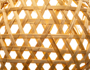 Close-up of intricately woven, golden-brown bamboo, forming geometric patterns