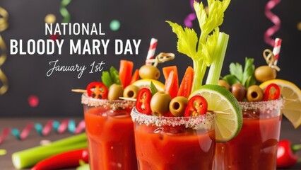 Elaborately Garnished Bloody Mary Cocktails in Sunlight for National Bloody Mary Day on January 1st