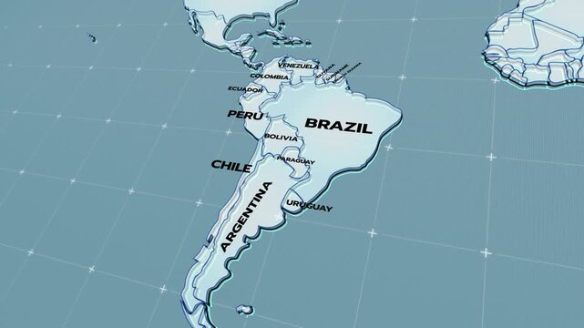 A stylized 3D map of South America showing country borders, including Brazil, Argentina, Chile, Peru, Colombia, Venezuela, animation