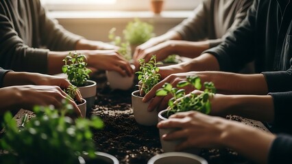 People planting small green plants in white pots together on a table indoors with natural light.