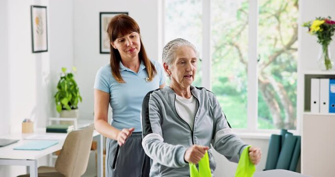 Healthcare, resistance band and physiotherapist with senior woman in clinic with recovery. Medical support, arm exercise and physical therapist with elderly female patient for muscle movement. - Powered by Adobe