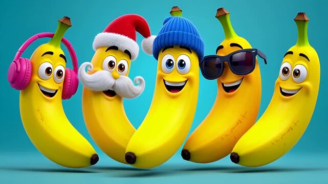 A group of smiling cartoon bananas in festive holiday attire and accessories, including santa hats, beanies, headphones, and sunglasses