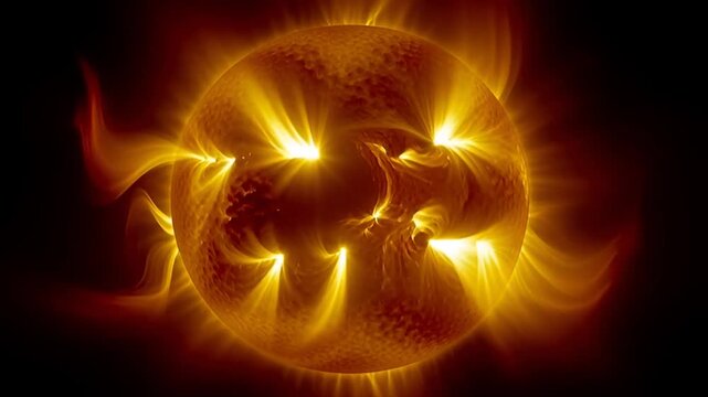 Dynamic view of the sun showing solar flares and coronal loops erupting from its surface, space exploration concept