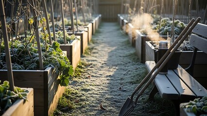 Frosty morning in a serene garden with wooden planters and gardening tools on a bench, captured from a low angle.