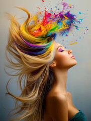 A woman tilts her face toward freedom as radiant colors stream through her hair, symbolizing emotional depth, vulnerability, and the beauty of feeling without restraint.