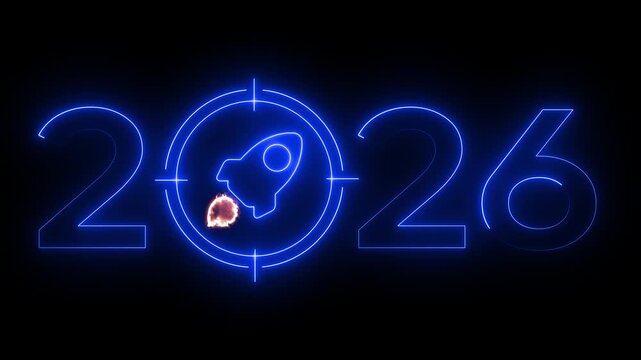 Neon glowing 2026 with rocket launch target in center, concept for future goals, startup success, and new year ambition in dark background