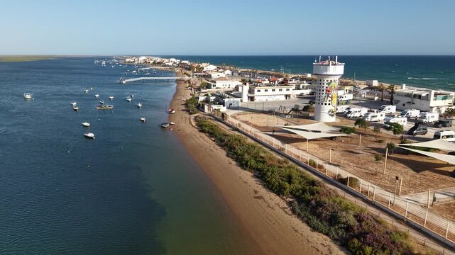 Aerial coastal view of Olhao Portugal. boats and coastline along the Algarve Portugal