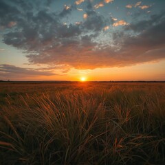 Golden Sunrise Over Serene Wheat Field at Dawn