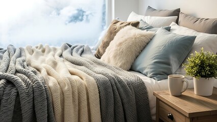 Cozy bedroom with soft blankets and pillows near a window, coffee on bedside table, serene morning atmosphere indoors.