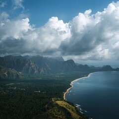 Aerial View of Coastal Mountains and Sandy Beach