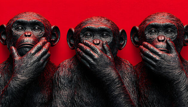 Statues of three wise monkeys on a red background, symbolizing See No Evil, Hear No Evil, Speak No Evil in vibrant colors.