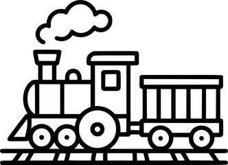 Steam locomotive chugs along railroad track, transporting cargo sign, symbol, vector, art