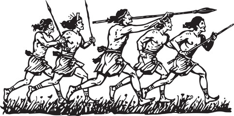 Fototapeta premium Ancient warriors running with spears in a grassy field, black and white illustration hunting