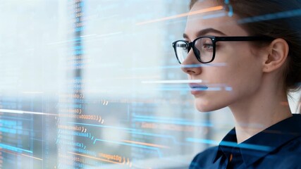 Young woman with glasses looking at a futuristic digital interface with data streams and glowing lines. - Powered by Adobe
