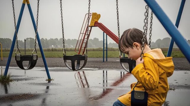 Sad little boy sitting on a swing in the rain. Lonely child in a yellow raincoat at an empty playground. Depression and childhood loneliness concept