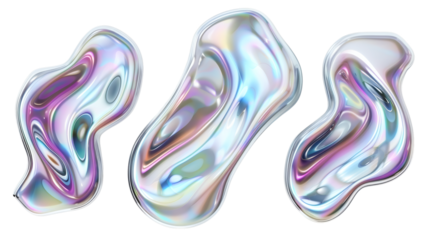 Set of silver abstract fluid holographic Iridescent 3D render icon isolated on white background