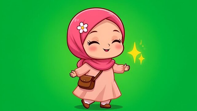 Cute cartoon girl wearing hijab and dress with a small bag, animated with sparkling effects, green background, full shot