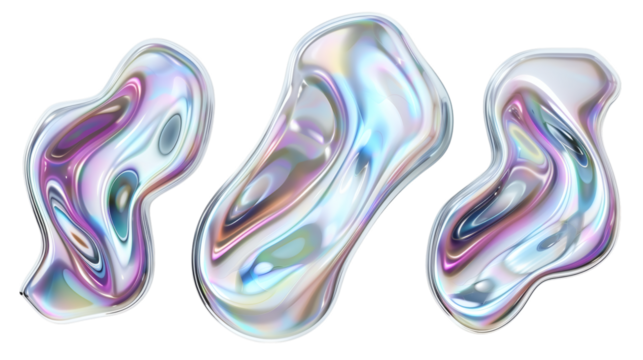 Set of silver abstract fluid holographic Iridescent 3D render icon isolated on white background - Powered by Adobe