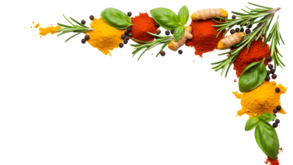 Colorful spices and fresh herbs forming a corner frame on white background, turmeric, chili powder, peppercorns, rosemary and basil arranged in top right corner, clean minimal composition, copy space