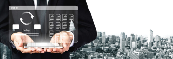 File synchronization or loading interface with progress bar, folders, and documents, symbolizing data backup, transfer, and system update Parse