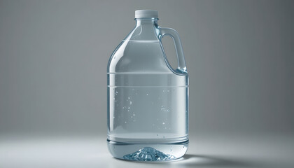 Clear refreshing water in a plastic gallon jug with a handle on a minimalist grey background. 1 gallon jug