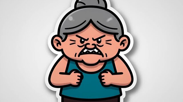 Cartoon animation of an angry old woman with gray hair and a blue tank top, isolated on a white background