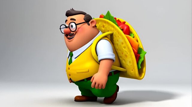 Animated cartoon man with glasses and mustache wearing a yellow vest and green pants, carrying a giant taco on his back, walking forward