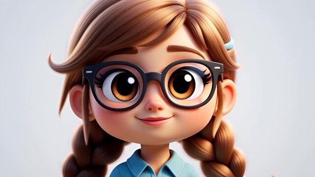 Seamless loop of a 3d cartoon girl with braided hair wearing glasses and a blue shirt, smiling gently against a bright, soft background
