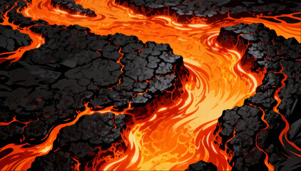 Lava and molten metal hot lava with flowing shapes, bright orange glow and black crust, the effect of power and creative destructiveness. For scenes of natural disasters, fantasy and game art. EPS_02. © Dzianis