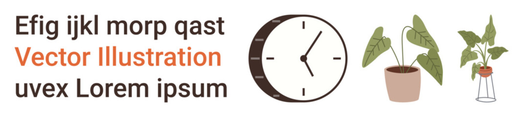 Time management, decor, office design, greenery, branding, eco-living. Minimal clock, potted plants vase with leaves text placeholders. Time management and decor concept