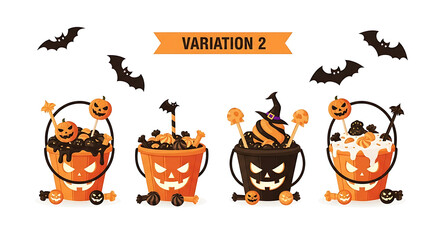 Four halloween candy buckets with jack o lantern faces and assorted candies with bats flying above ai generated