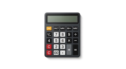 A close up shot of a gray calculator with buttons and a screen on a white background in a studio shot ai generated