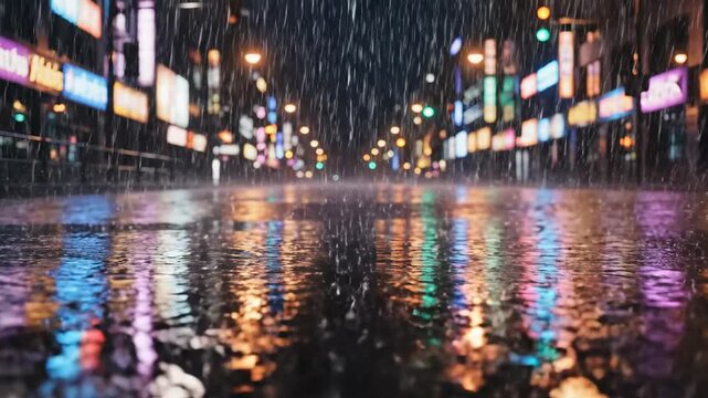 Rainy city street at night with colorful reflections of neon lights on wet pavement.