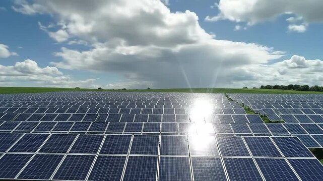 Large Solar Panel Array Under a Partly Cloudy Sky