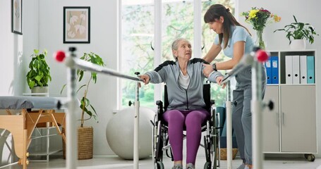 Senior woman, wheelchair or physiotherapist helping with patient on rail for balance or mobility. Elderly, assistance or physio lifting person with a disability for movement, steps or muscle recovery