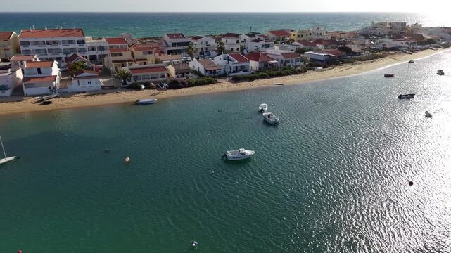 Aerial view of boats at Praia de Faro beach in Algarve Portugal