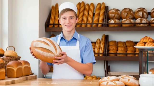 Teenage boy holding artisan bread loaf in bakery with shelves stocked with fresh products