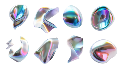 Set of silver abstract fluid holographic Iridescent 3D render icon isolated on white background