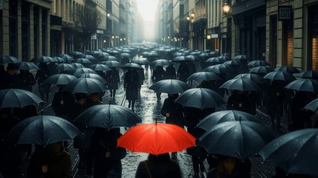 Contrast of a red umbrella against a monochrome crowd on a rain-drenched urban thoroughfare