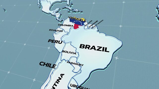 A stylized 3D map of South America showing country borders, with Venezuela flag, including Brazil, Colombia, Ecuador, Peru, Guyana, animation