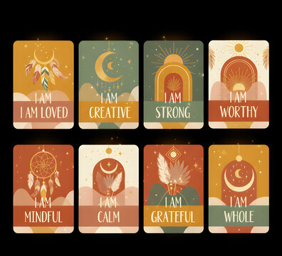 set of affirmation cards, tags for sale, positive thinking, graphic design illustration 