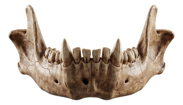 Smilodon jaw with noticeable mental foramen and robust symphysis.