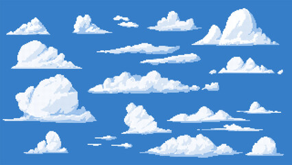 Clouds vector pixel set on blue, cartoon cloudy weather forecast with squared contour, bitmap retro 8 bit meteorology