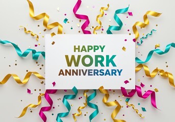 Celebrating a work anniversary with colorful confetti and streamers surrounding a card