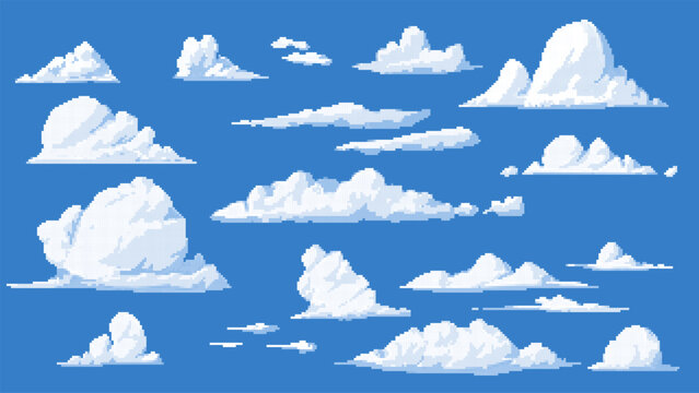 Clouds vector pixel set on blue, cartoon cloudy weather forecast with squared contour, bitmap retro 8 bit meteorology