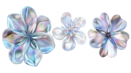 Set of silver flowers fluid holographic Iridescent 3D render icon isolated on white background