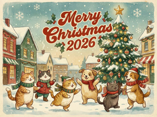 Whimsical watercolor holiday artwork showing smiling cats and dogs together in snowy scenery, festive Christmas tree, soft textures, retro print style, cheerful family-friendly atmosphere.
