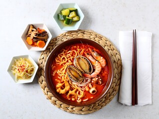 Delicious seafood noodle soup with side dishes on table