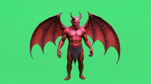 Red-skinned devil with large horns and wings in a threatening pose. Animated fantasy creature for visual effects on a green screen. Lockdown wide shot.