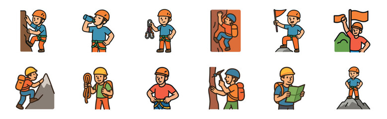 Fototapeta premium Collection of colorful climbing and mountaineering icons featuring a cartoon character in various poses like scaling a rock face, holding rope, reading a map, and reaching a summit